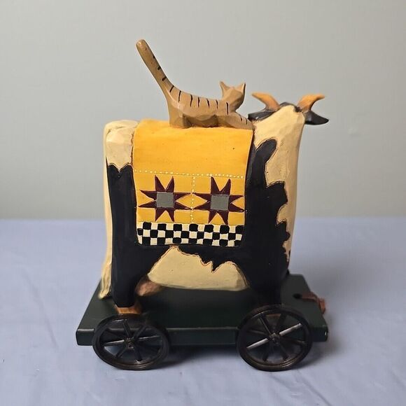 Williraye Studio - Folk Art - Cow With Cat Pull Toy Figurine WW1403 On Wheels - Picture 6 of 12